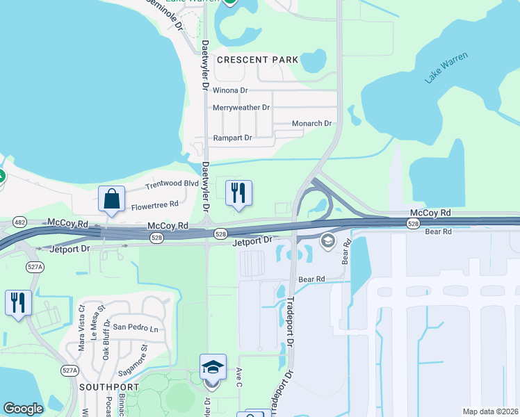 map of restaurants, bars, coffee shops, grocery stores, and more near Unnamed Road in Orlando