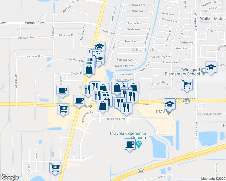map of restaurants, bars, coffee shops, grocery stores, and more near 1325 Arrowsmith Avenue in Orlando
