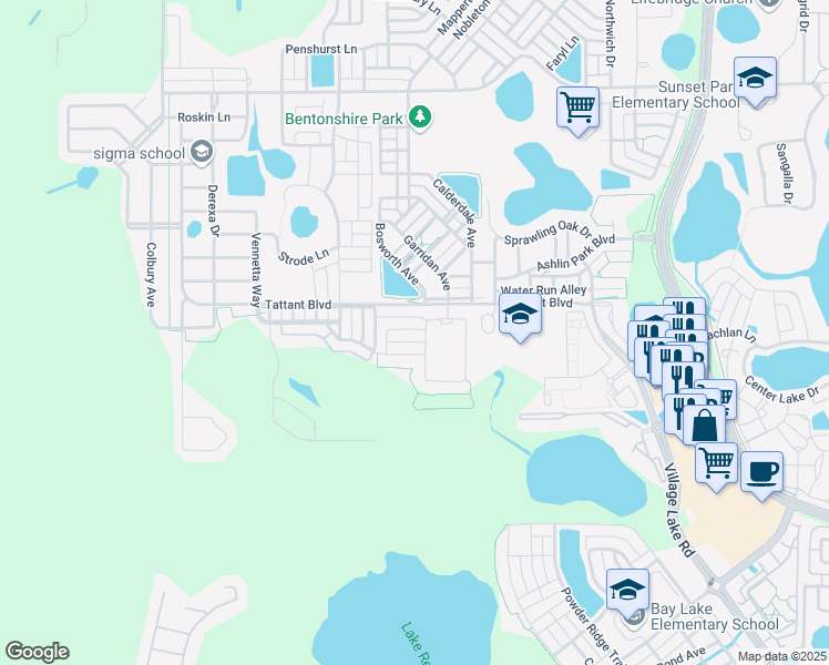 map of restaurants, bars, coffee shops, grocery stores, and more near 11524 Charnock Drive in Windermere