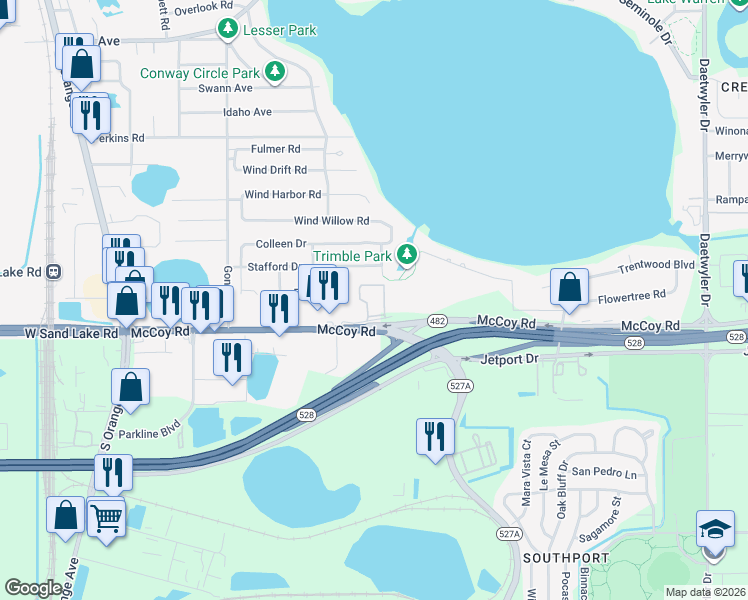 map of restaurants, bars, coffee shops, grocery stores, and more near 2121 McCoy Road in Belle Isle