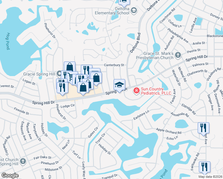 map of restaurants, bars, coffee shops, grocery stores, and more near 1240 London Avenue in Spring Hill