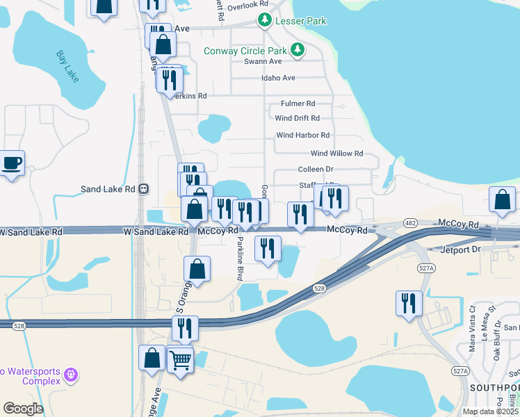 map of restaurants, bars, coffee shops, grocery stores, and more near 8204 Gondola Drive in Orlando