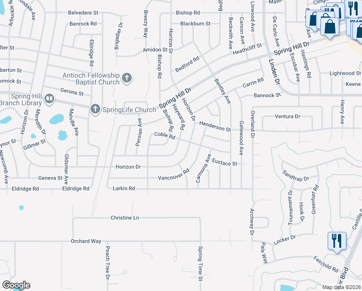 map of restaurants, bars, coffee shops, grocery stores, and more near 10048 Hayward Road in Spring Hill