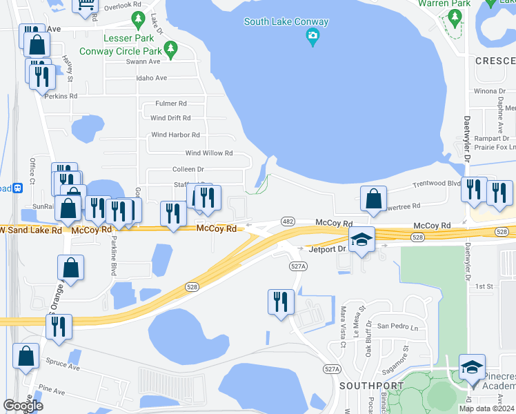 map of restaurants, bars, coffee shops, grocery stores, and more near 2121 McCoy Road in Belle Isle