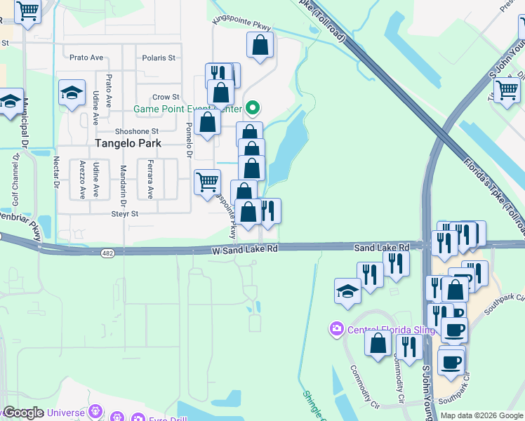 map of restaurants, bars, coffee shops, grocery stores, and more near 6236 Kingspointe Parkway in Orlando