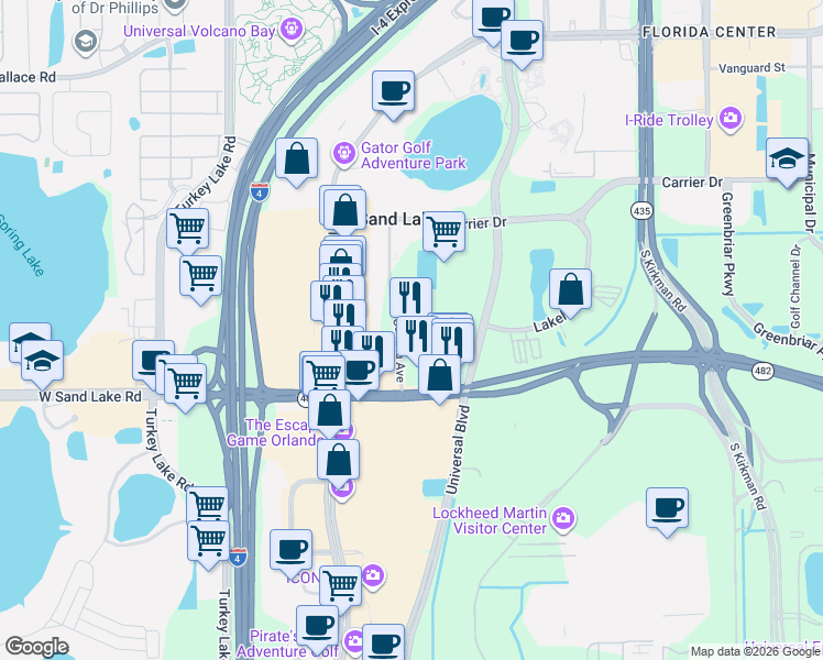 map of restaurants, bars, coffee shops, grocery stores, and more near in Sand Lake