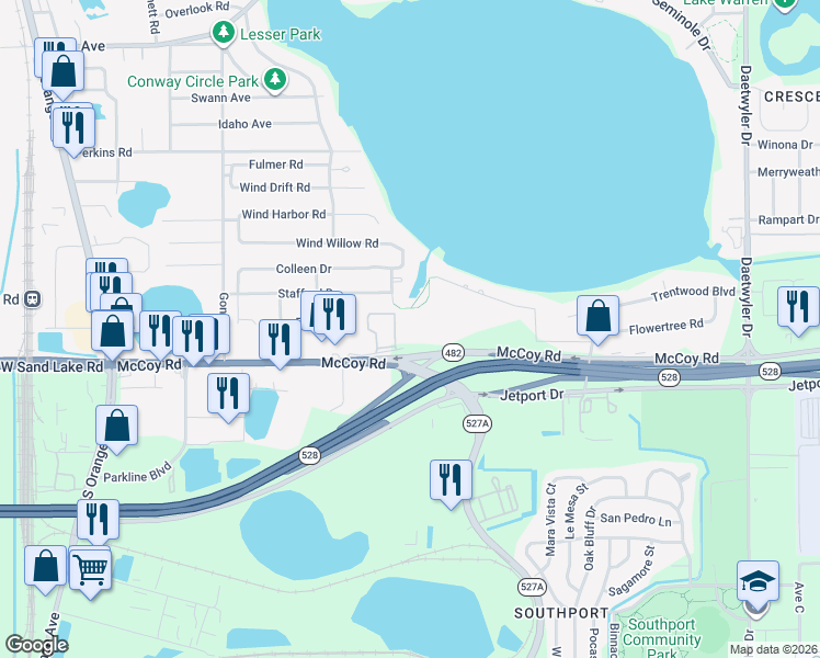 map of restaurants, bars, coffee shops, grocery stores, and more near 2121 McCoy Road in Belle Isle