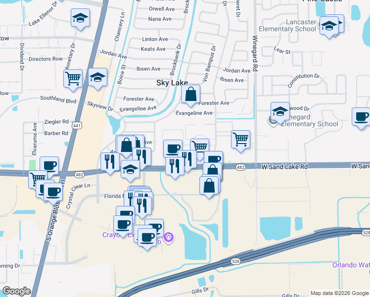 map of restaurants, bars, coffee shops, grocery stores, and more near 881 West Sand Lake Road in Orlando
