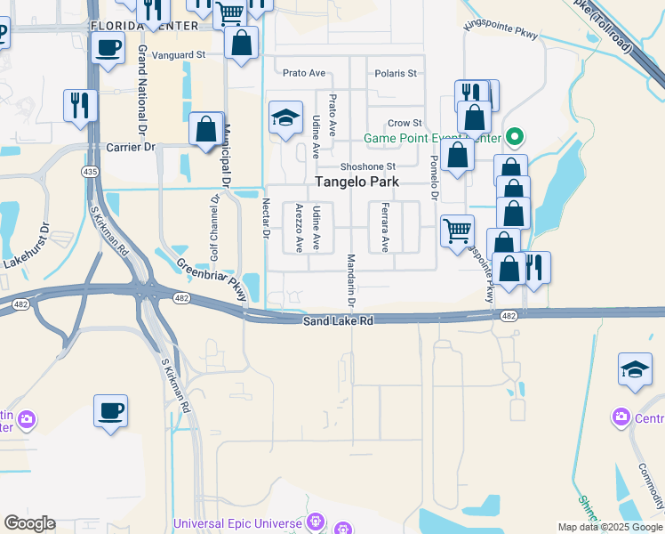 map of restaurants, bars, coffee shops, grocery stores, and more near 5009 Steyr Street in Orlando
