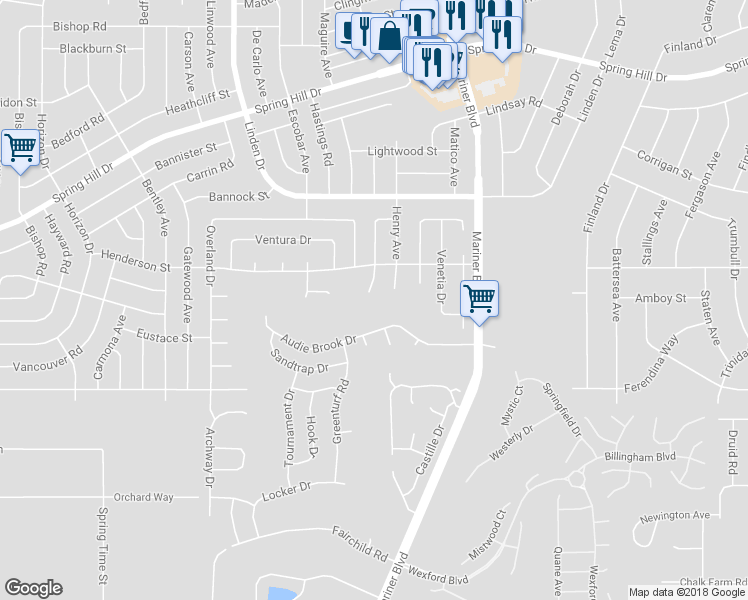 map of restaurants, bars, coffee shops, grocery stores, and more near 1220 Lansing Drive in Spring Hill