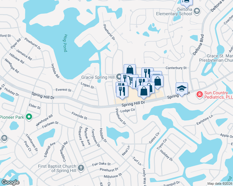map of restaurants, bars, coffee shops, grocery stores, and more near 7846 Pinehurst Drive in Spring Hill
