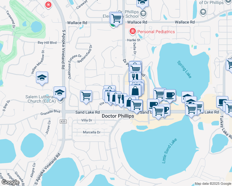 map of restaurants, bars, coffee shops, grocery stores, and more near 7938 Sandpoint Boulevard in Orlando