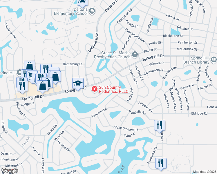 map of restaurants, bars, coffee shops, grocery stores, and more near 8360 Omaha Circle in Spring Hill