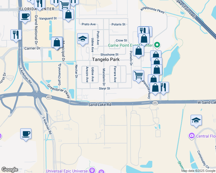 map of restaurants, bars, coffee shops, grocery stores, and more near 4931 Steyr Street in Orlando