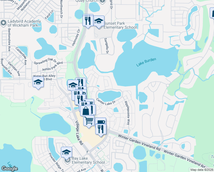 map of restaurants, bars, coffee shops, grocery stores, and more near 11549 Center Lake Drive in Windermere