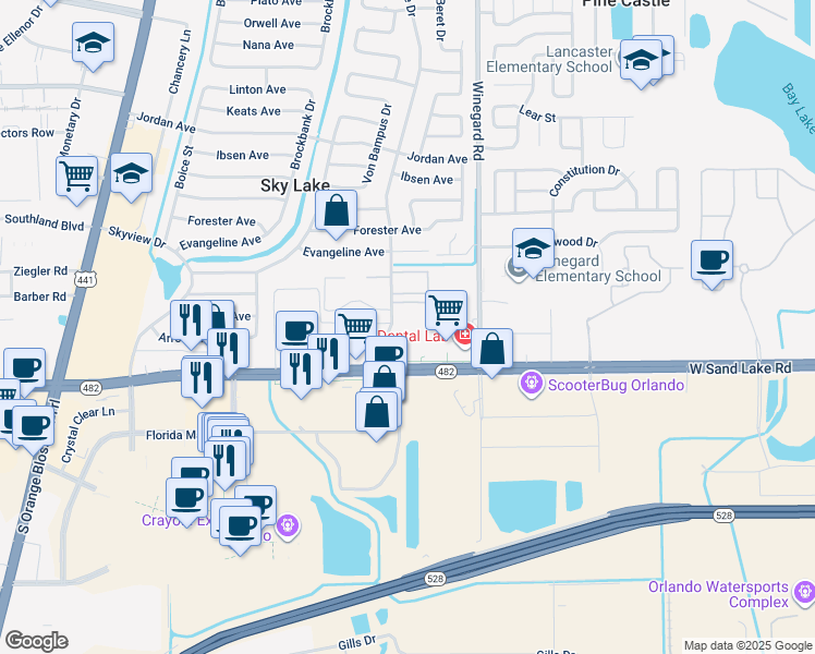 map of restaurants, bars, coffee shops, grocery stores, and more near 795 West Sand Lake Road in Orlando