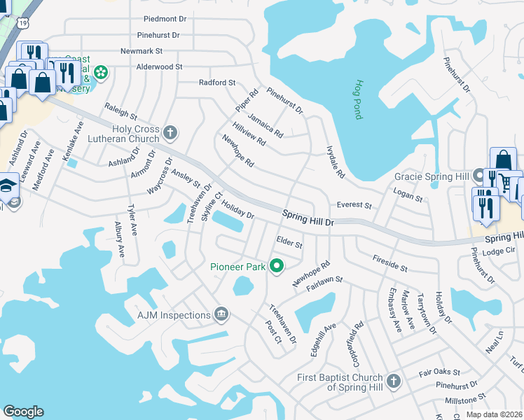 map of restaurants, bars, coffee shops, grocery stores, and more near 6369 Holiday Drive in Spring Hill
