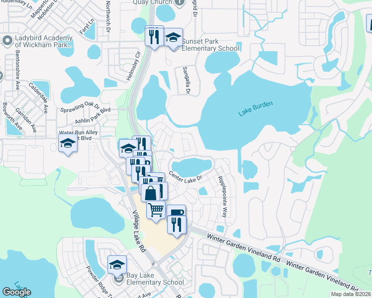 map of restaurants, bars, coffee shops, grocery stores, and more near 11549 Center Lake Drive in Windermere