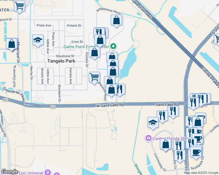 map of restaurants, bars, coffee shops, grocery stores, and more near 7703-7947 Kingspointe Parkway in Orlando