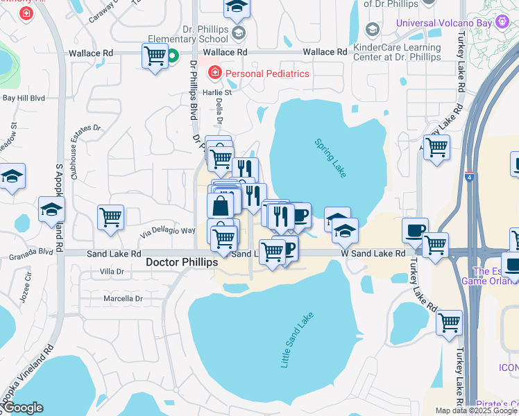 map of restaurants, bars, coffee shops, grocery stores, and more near 7575 Doctor Phillips Boulevard in Orlando