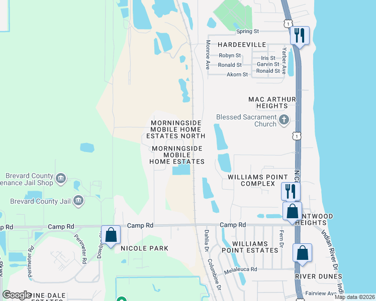 map of restaurants, bars, coffee shops, grocery stores, and more near 521 Nicklaus Circle in Cocoa