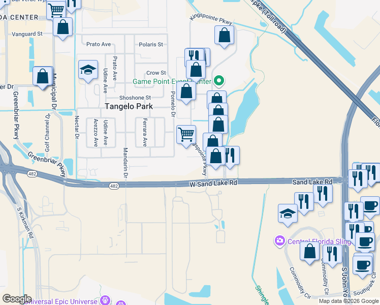 map of restaurants, bars, coffee shops, grocery stores, and more near 7806 Kingspointe Parkway in Orlando