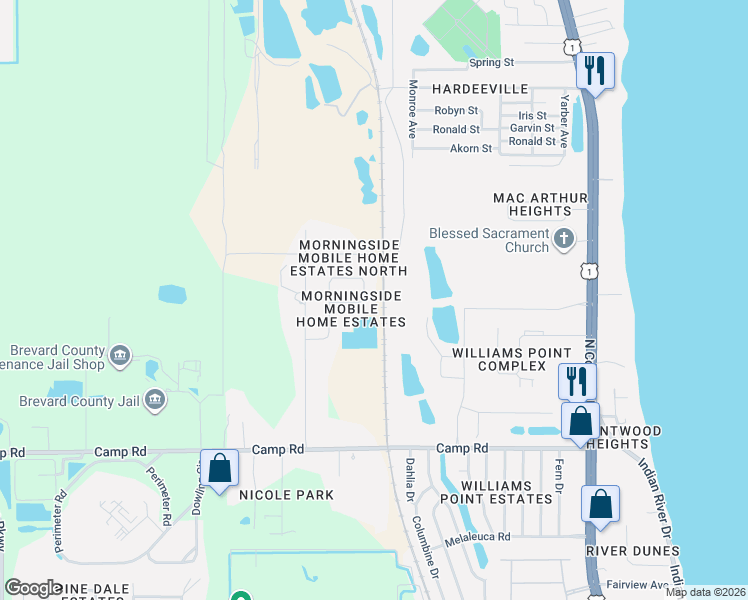 map of restaurants, bars, coffee shops, grocery stores, and more near 521 Nicklaus Circle in Cocoa