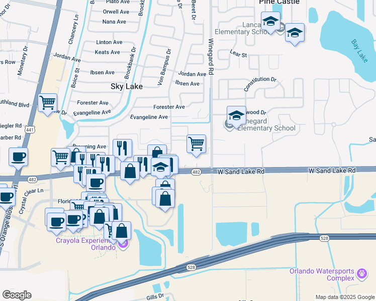 map of restaurants, bars, coffee shops, grocery stores, and more near 765 West Sand Lake Road in Orlando