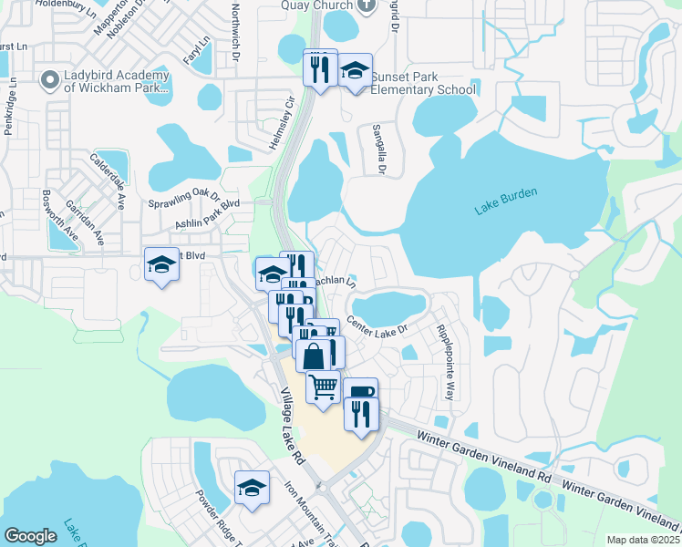 map of restaurants, bars, coffee shops, grocery stores, and more near 7364 Yoder Street in Windermere