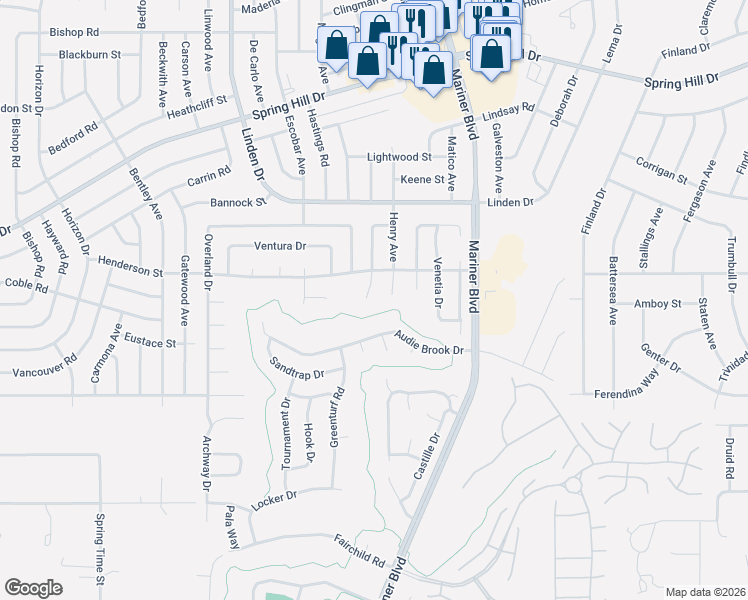 map of restaurants, bars, coffee shops, grocery stores, and more near 1220 Lansing Drive in Spring Hill