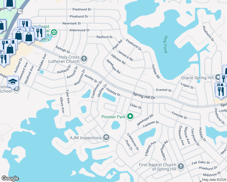 map of restaurants, bars, coffee shops, grocery stores, and more near 6323 Holiday Drive in Spring Hill