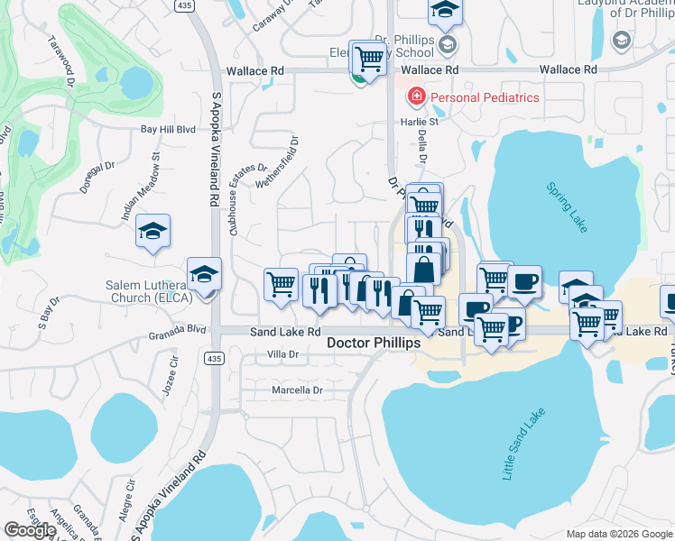 map of restaurants, bars, coffee shops, grocery stores, and more near 8179 Via Vittoria Way in Orlando