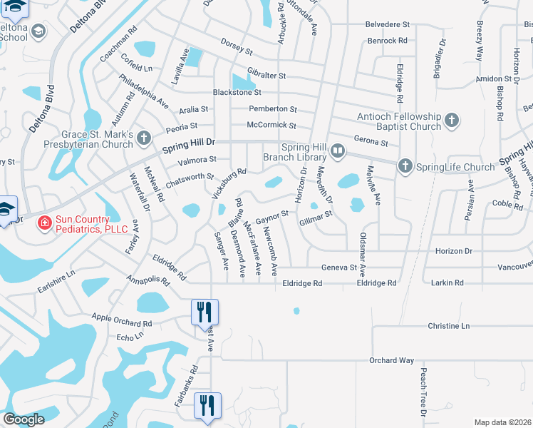 map of restaurants, bars, coffee shops, grocery stores, and more near 1231 Newcomb Avenue in Spring Hill