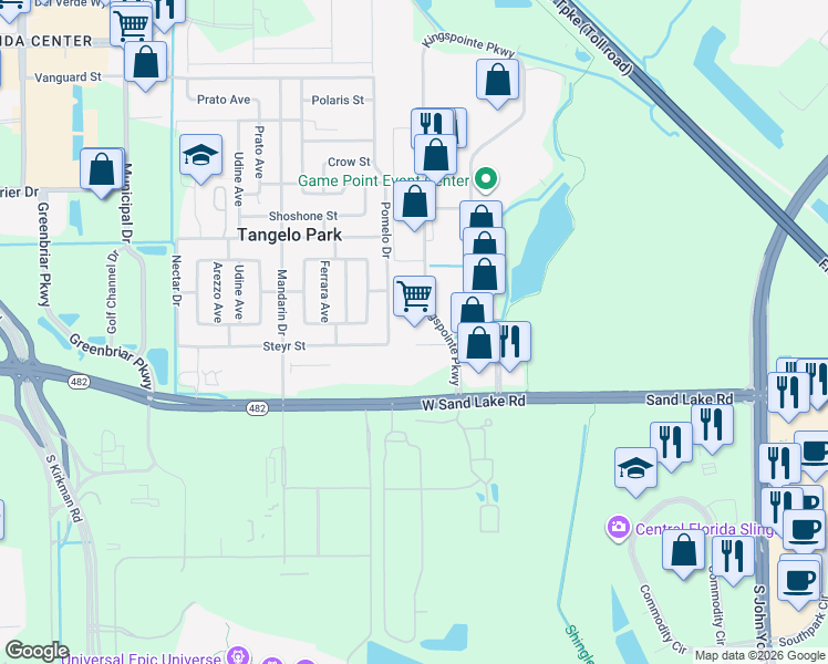 map of restaurants, bars, coffee shops, grocery stores, and more near 7806 Kingspointe Parkway in Orlando