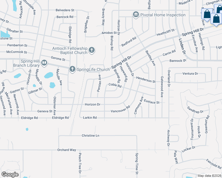 map of restaurants, bars, coffee shops, grocery stores, and more near 1262 Bishop Road in Spring Hill