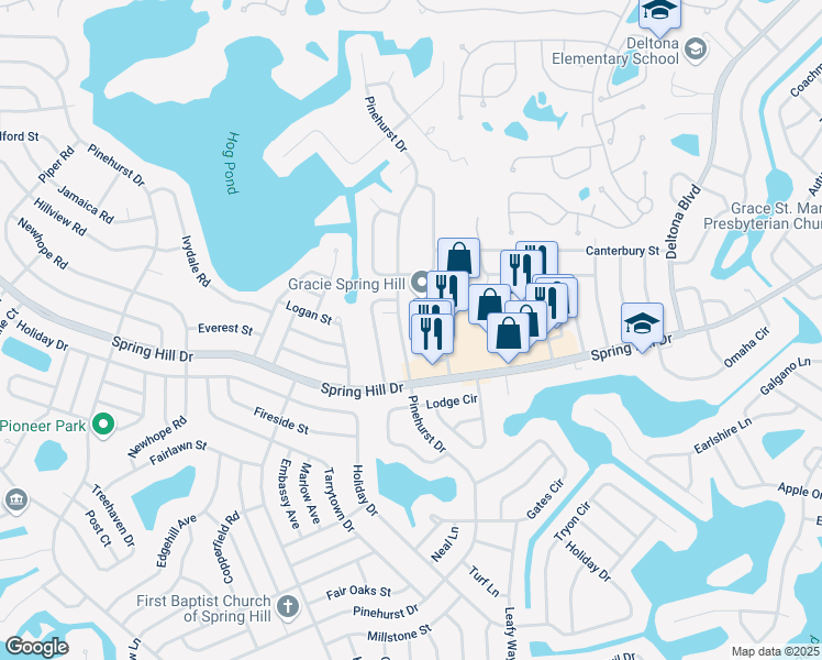 map of restaurants, bars, coffee shops, grocery stores, and more near 7854 Pinehurst Drive in Spring Hill