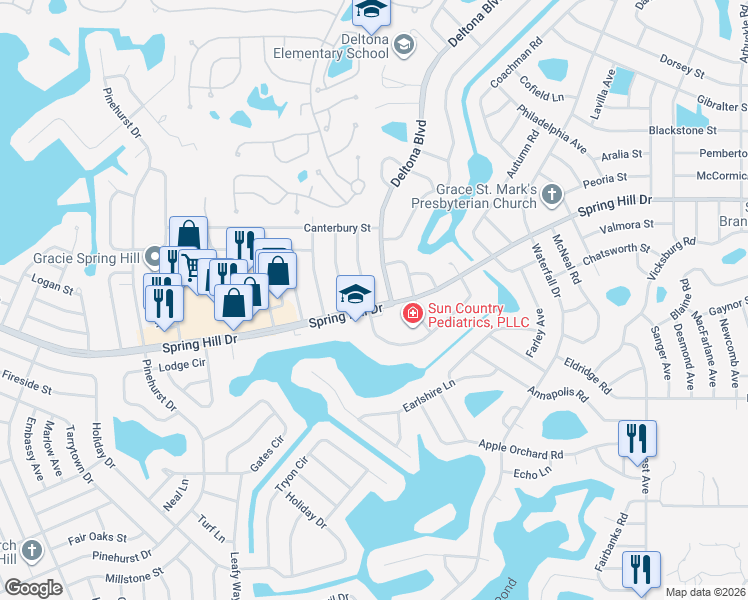 map of restaurants, bars, coffee shops, grocery stores, and more near 8161 Omaha Circle in Spring Hill