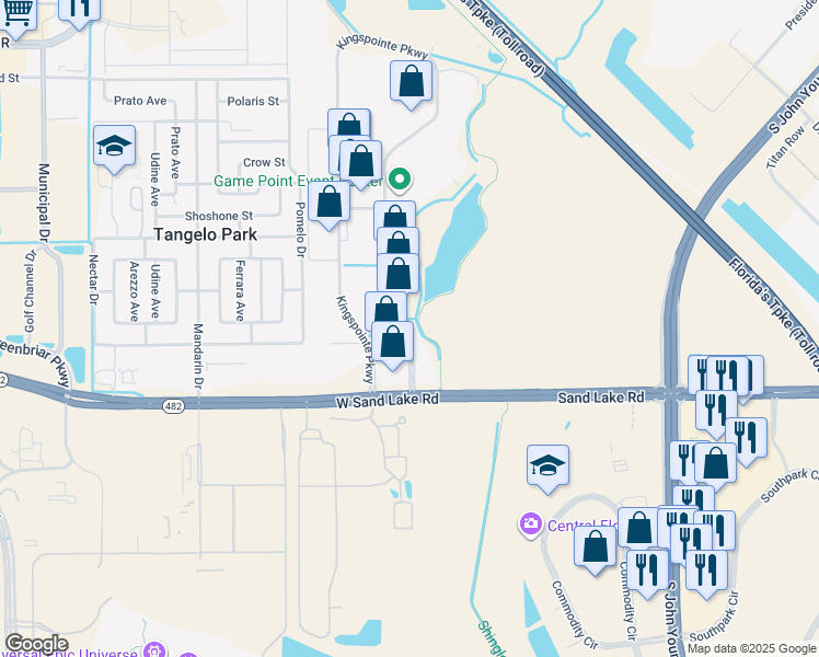 map of restaurants, bars, coffee shops, grocery stores, and more near 6236 Kingspointe Parkway in Orlando