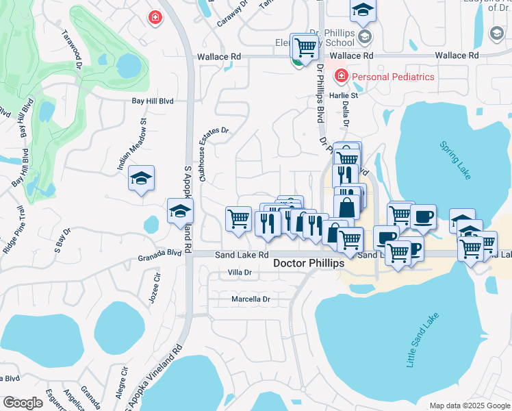 map of restaurants, bars, coffee shops, grocery stores, and more near 8437 Via Vittoria Way in Orlando