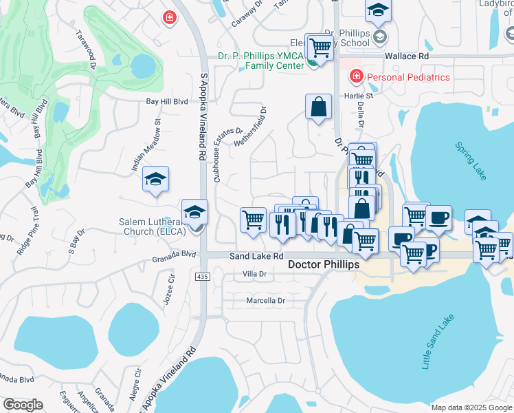 map of restaurants, bars, coffee shops, grocery stores, and more near 8394 Sandpoint Boulevard in Orlando