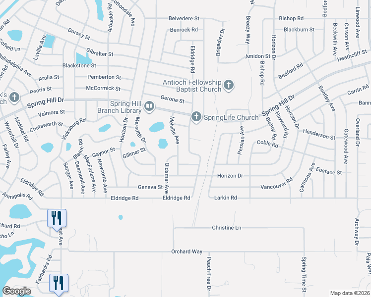 map of restaurants, bars, coffee shops, grocery stores, and more near 1230 Melville Avenue in Spring Hill