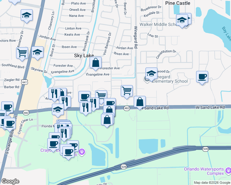 map of restaurants, bars, coffee shops, grocery stores, and more near 795 West Sand Lake Road in Orlando