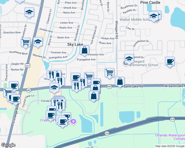 map of restaurants, bars, coffee shops, grocery stores, and more near 822 Sky Lake Circle in Orlando
