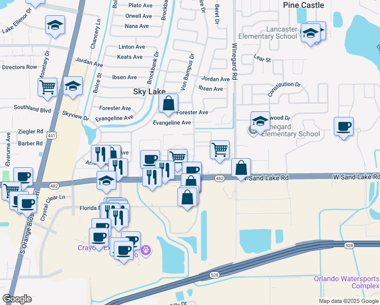 map of restaurants, bars, coffee shops, grocery stores, and more near 825 Sand Lake Road in Orlando