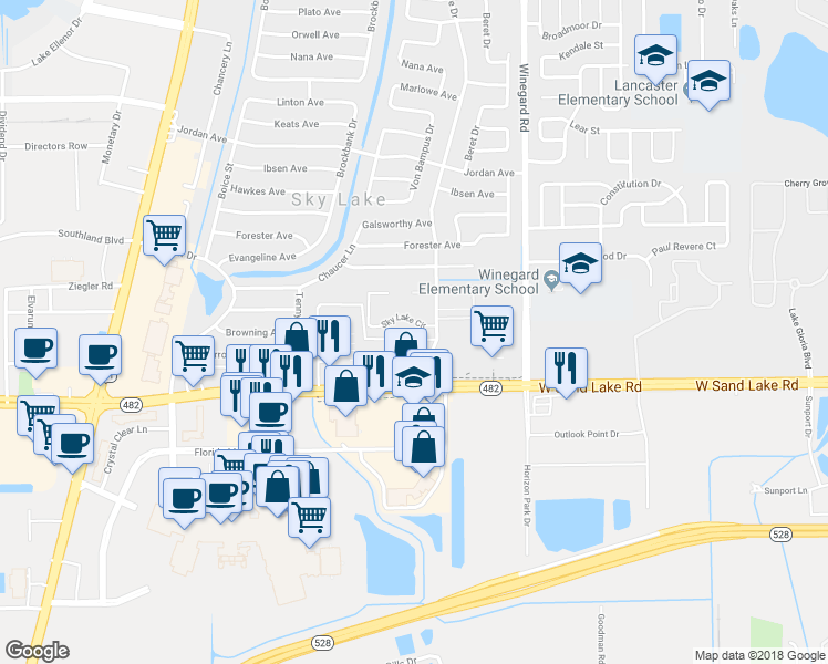 map of restaurants, bars, coffee shops, grocery stores, and more near 825 Sand Lake Road in Orlando