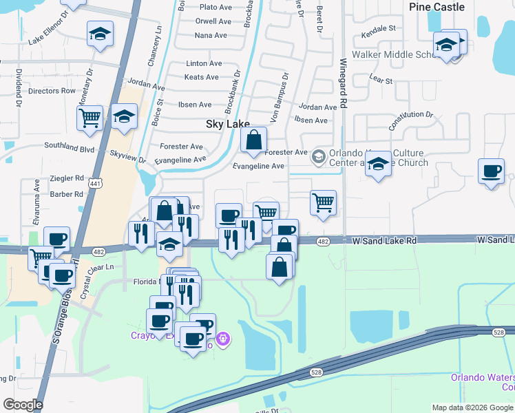 map of restaurants, bars, coffee shops, grocery stores, and more near 881 West Sand Lake Road in Orlando