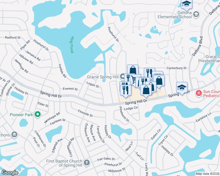 map of restaurants, bars, coffee shops, grocery stores, and more near 1257 Sylvia Avenue in Spring Hill