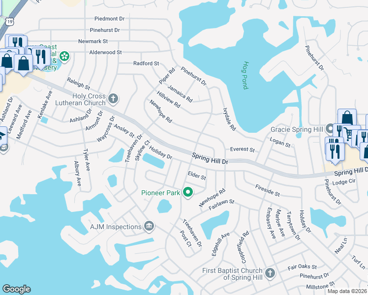 map of restaurants, bars, coffee shops, grocery stores, and more near 6431 Spring Hill Drive in Spring Hill