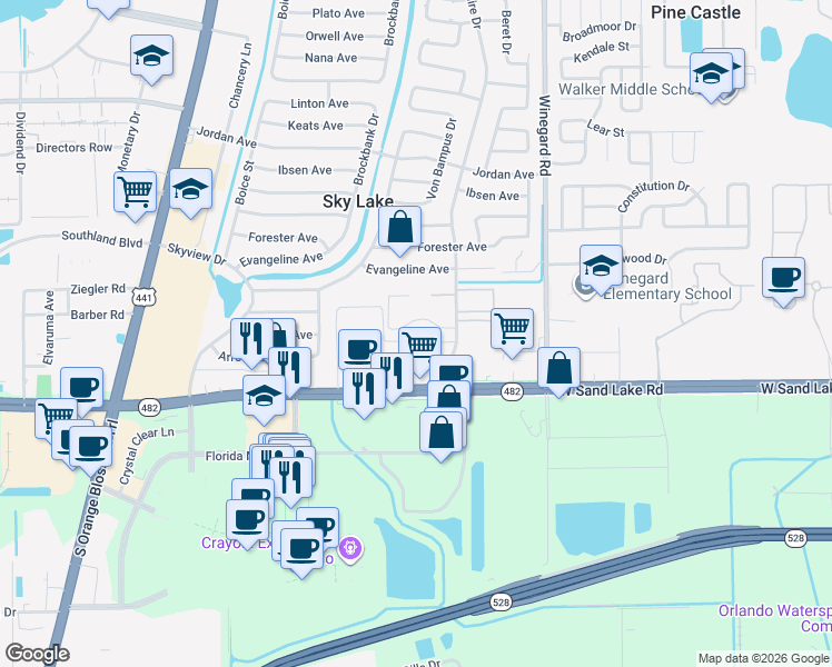 map of restaurants, bars, coffee shops, grocery stores, and more near 825 Sand Lake Road in Orlando
