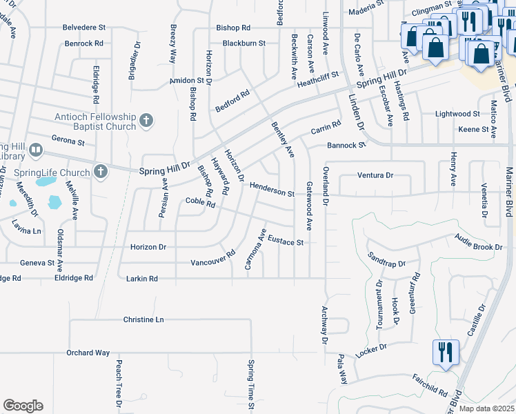 map of restaurants, bars, coffee shops, grocery stores, and more near 10169 Vancouver Road in Spring Hill